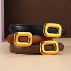Retro Craft Leather Square Buckle Cowhide Thin Leather Belt Korean Ins Simple Fashion Belt with Pants Dress Decorative Belt