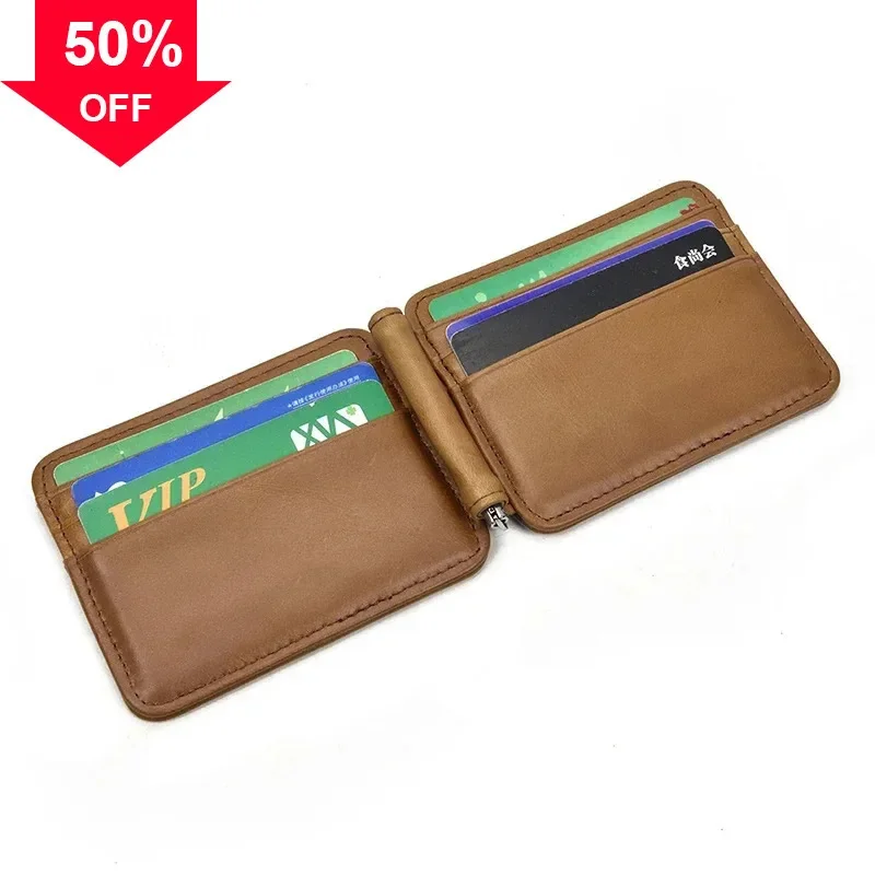 Small Men's Leather Money Clip Wallet With Coin Pocket Card Slot Cash Holder Male Bag Magnet Hasp Purse For Man Women
