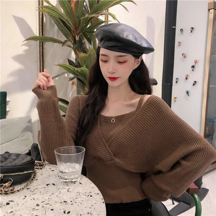 Innere Top Herbst und Winter 2025, neuer gefälschter zweiteiliger Pullover, sexy kurzer V-Ausschnitt, langärmeliger Pullover für Frauen – Detail 17