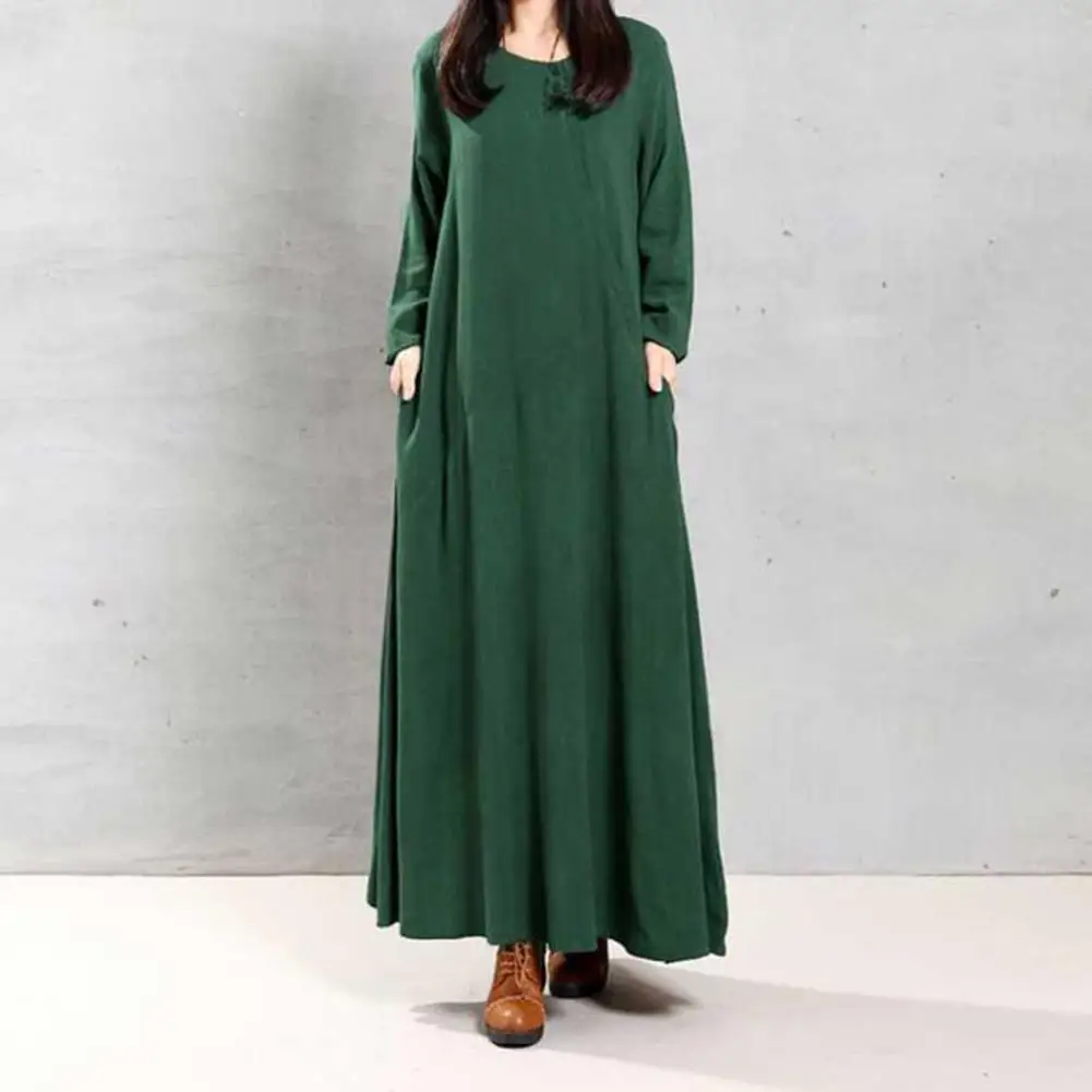 

O-Neck Long Sleeves Slant Pockets Pullover Women Dress Retro Large Hem Solid Color Oversized Autumn Maxi Dress Female Clothing