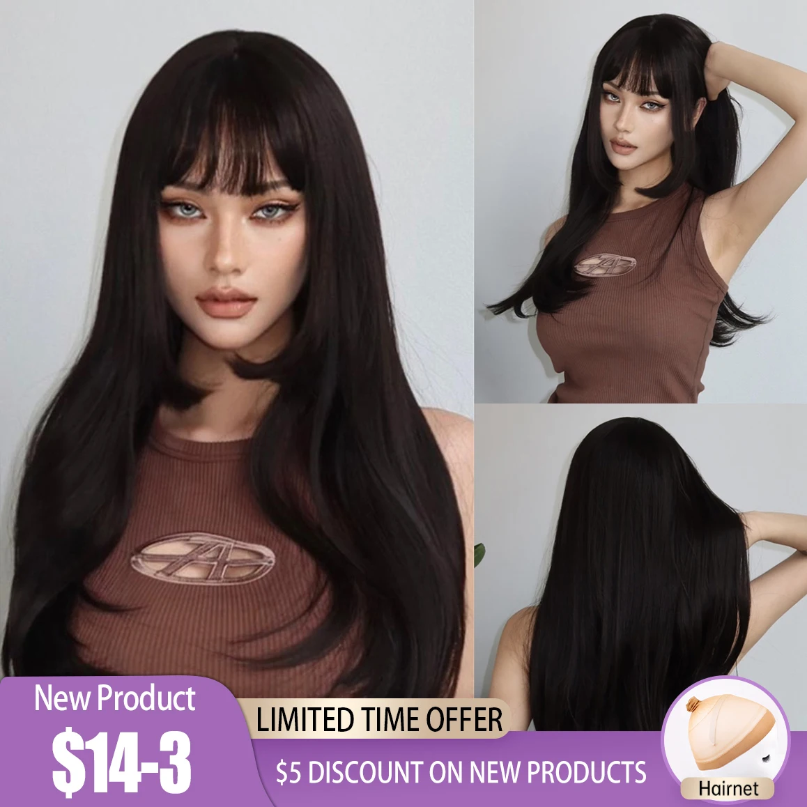 Long Black Brown Layered Wigs for Women Natural Straight Synthetic Wigs with Bangs Daily Silky Fake Hair High Temperature Fiber