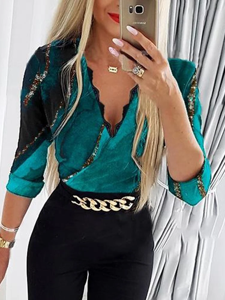 Elegant Jumpsuit Women 2023 New Spring Office Lady Fashion Marble Print Lace Chain Decor V-Neck Long Sleeve Long Jumpsuit Work