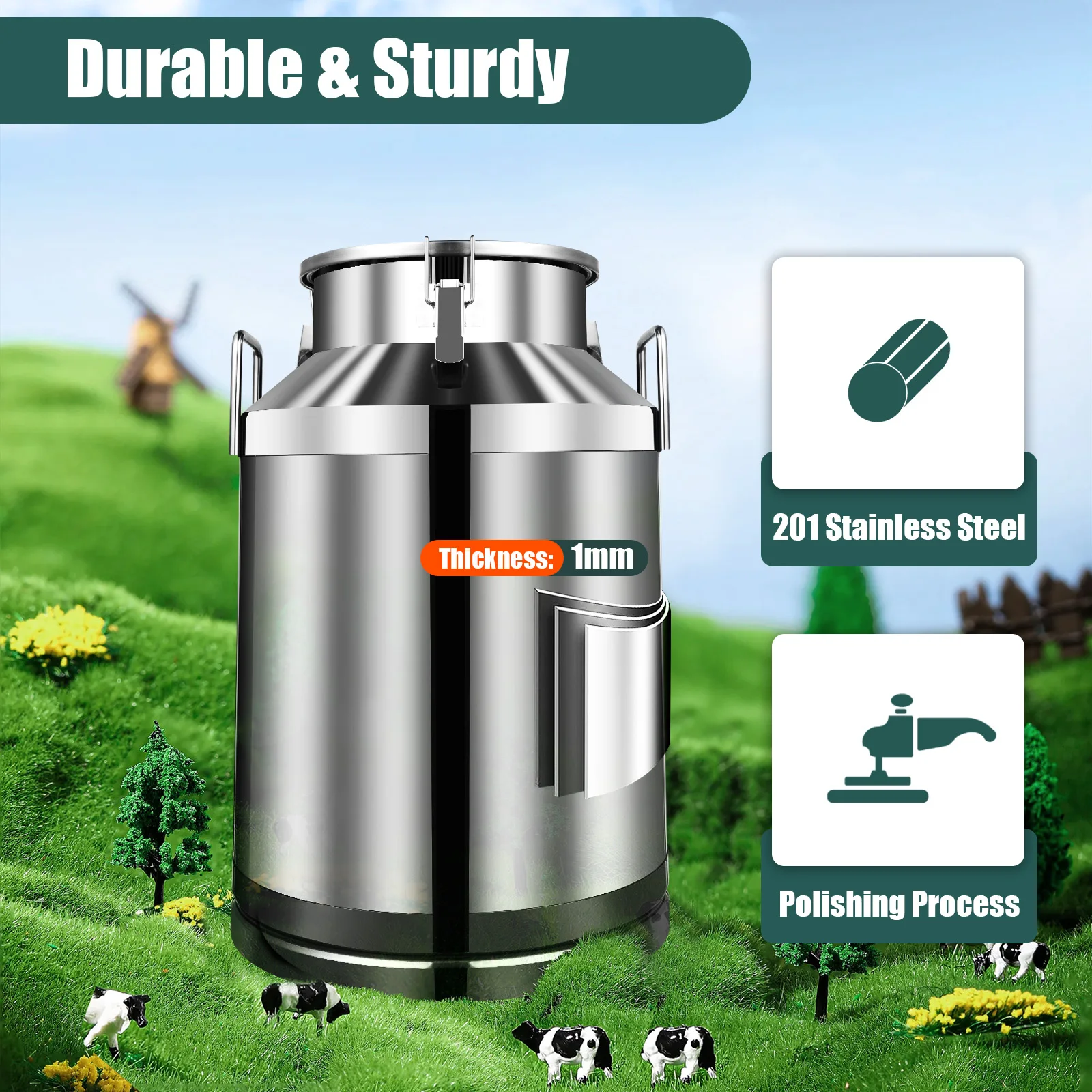 Milk Can 60L/15.8Gallon Stainless Steel Milk Jug Universal Airtight Metal Bucket with Lid, for Liquids and Solid