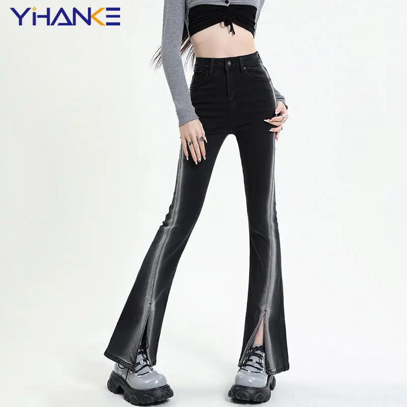 

New Tie Dyed Black Grey Flare Jeans Women Chic Casual Streetwear High Waist Wide Leg Baggy Straight Trousers Y2k Mom Jeans