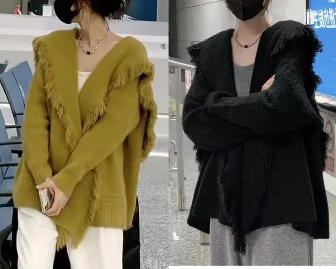 

New Korean Version 2023 Autumn and Winter Versatile Large Polo Collar Casual Knitted Cardigan Fringe Sweater Women's Shawl Coat