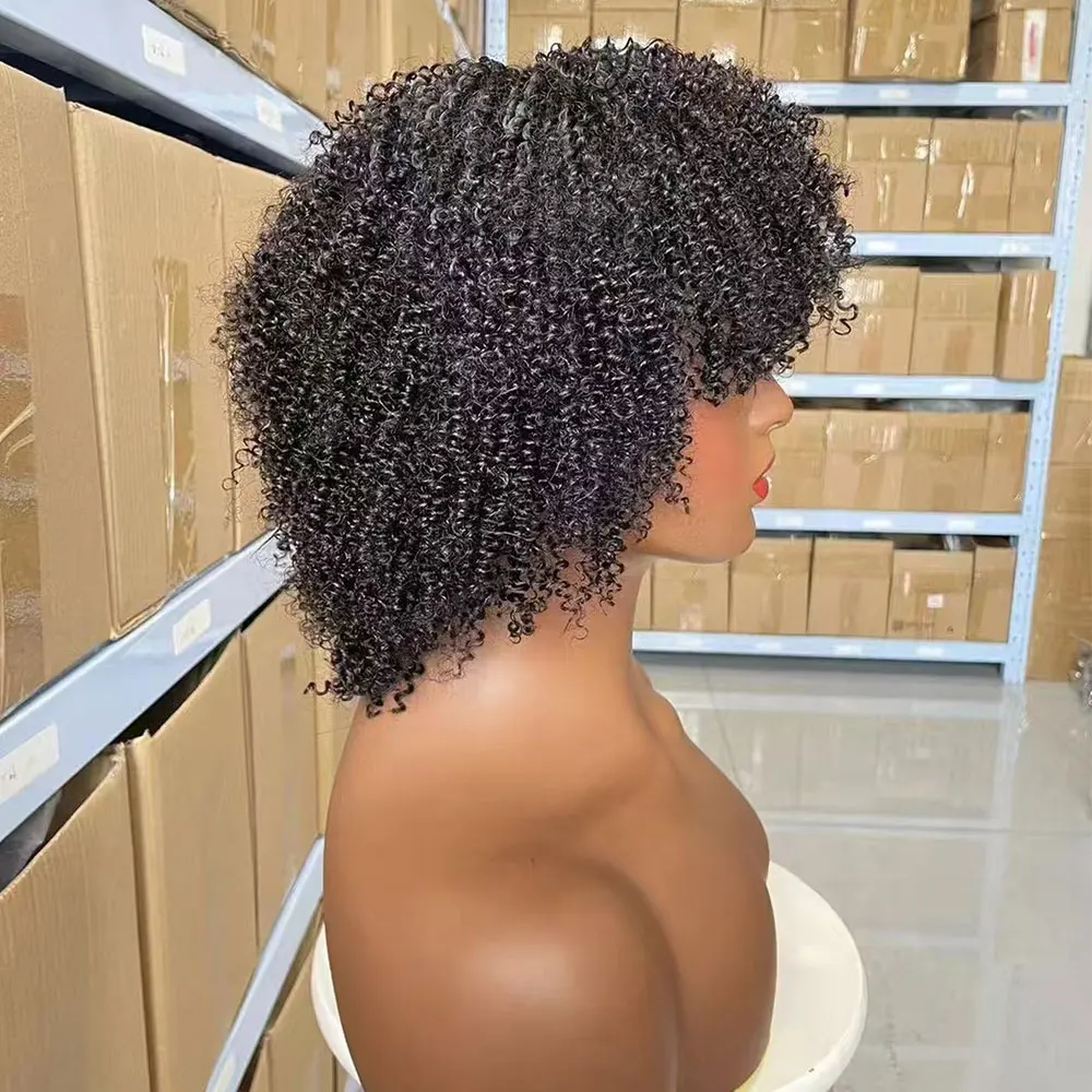 4A Afro Kinky Curly Wigs Human Hair Short Curly Human Hair Wig with Bangs Machine Made Short Kinky Wigs for Black Women human hair wigs