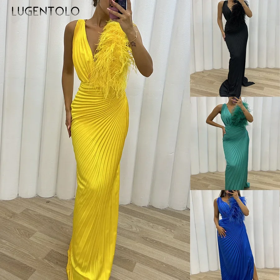 

Women Sexy Dress Party V-neck Pressed Pleats Sleeveless Big Swing Female Slim Empire Split End Long Clothing Lugentolo