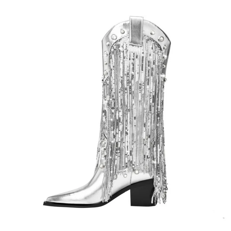 

Silver Tassel Sequins Knee High Boots Chelsea Knights West Martin Boots Size 35-43 Fashion 2023 Autumn Winter New High Heels