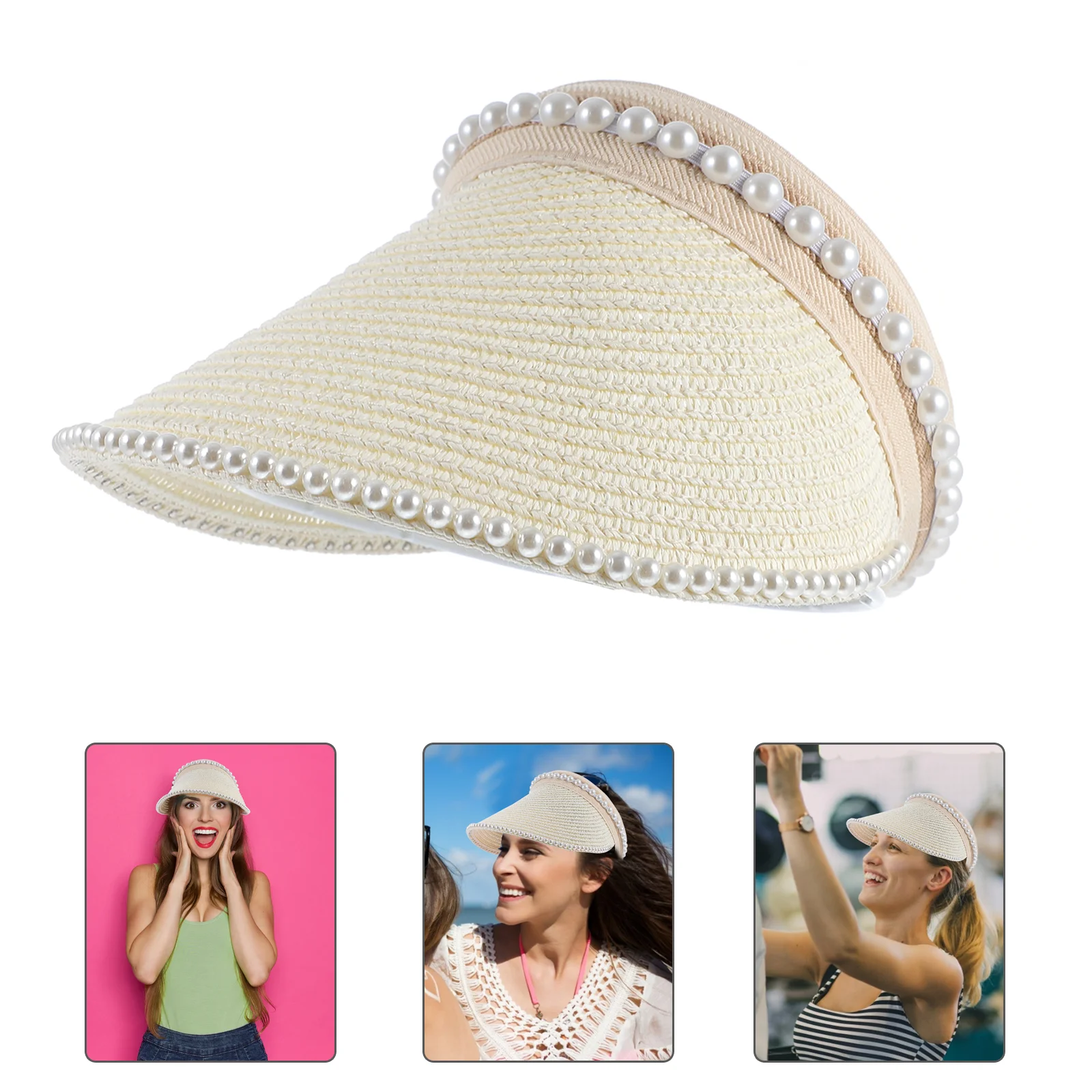 

Sun Visor Empty Tops Hats Casual Floppy Disk Straw Pearl Imitation Pearls Wide Brim