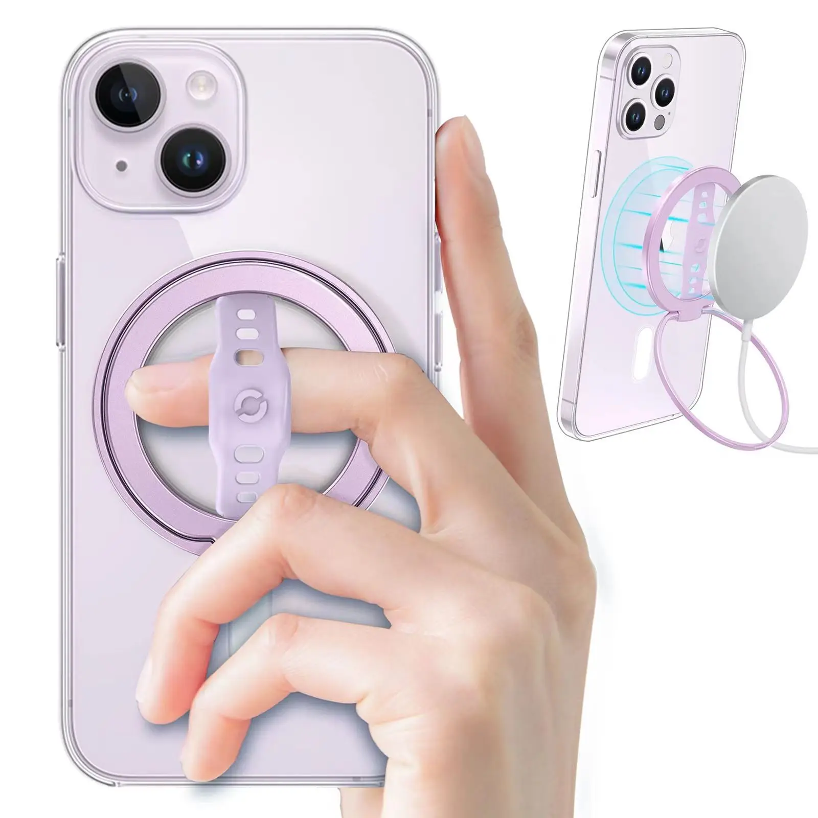Se555d574dfd84b7a8319f7a87af92440Q Magnetic Ring Phone Holder for Magsafe Wireless Charging Phone Grip Stand with Silicone Finger Strap Removable Car Phone Holder Mallzona