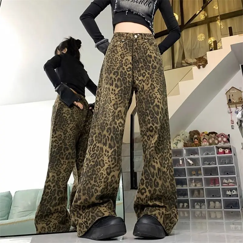 Baggy Leopard Print Jeans Women Trousers 2024 New European And American Style Casual Wide Leg Pants Fashion Retro Straight Jeans