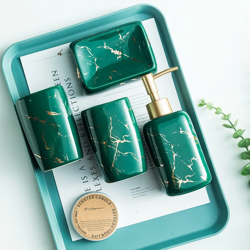 Nordic Matte Golden Ceramics Bathroom Toiletries Set Toiletries Cup Soap Dish Soap Dispenser Toothbrush Holder Tumbler