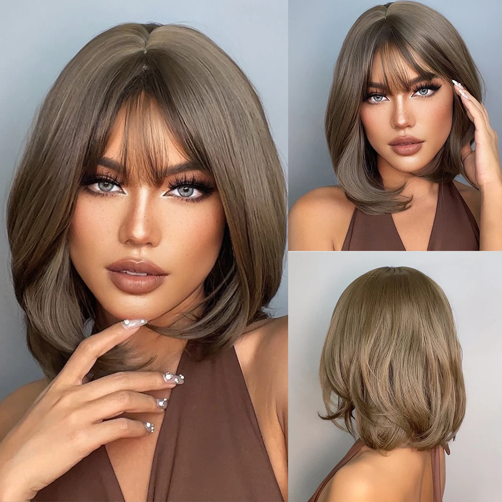 ALAN EATON Brown Short Hair Wig With Bangs Straight Synthetic Wig for Women Natural Looking Daily Fake Hair Heat Resistant Fiber alan hewitt project noche de passion 1 cd