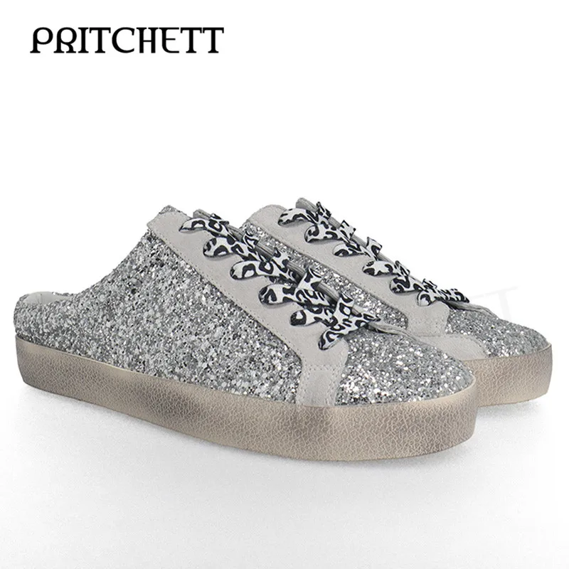 

Silver Sequin Strap Casual Shoes Round Toe Back Empty Retro Dirty Slippers Daily Comfortable Children's Shoes Women's Shoes