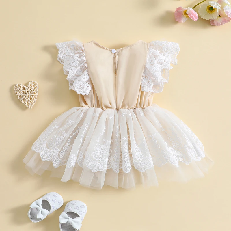 Infant Baby Girls Clothes Romper Dresses Vestidos Fly Sleeve Crew Neck Flower Lace Tulle Patchwork A-line Newborn Jumpsuit Dress