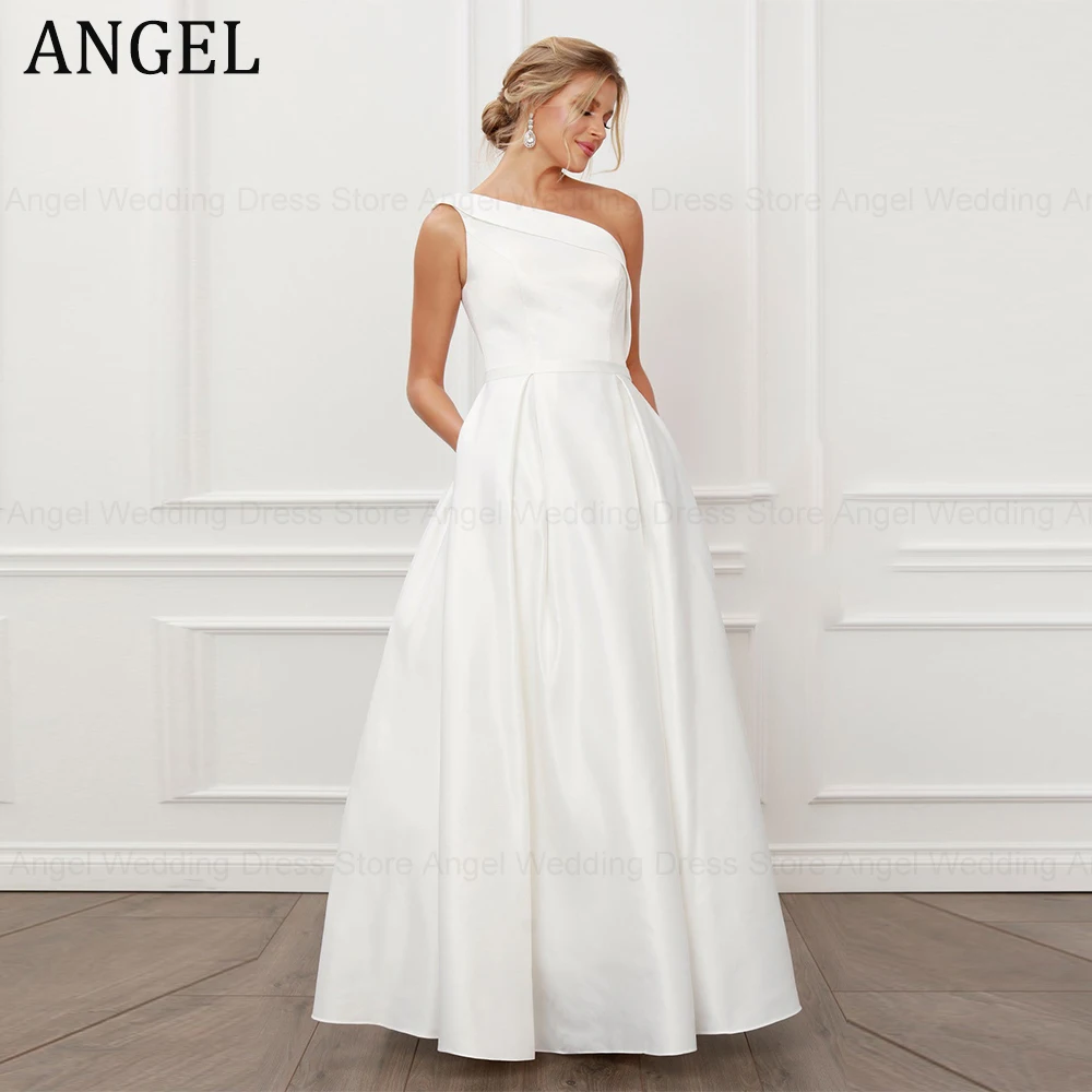 

ANGEL 2024 Simple Satin Wedding Dress One Shoulder Insertable Pocket brautkleider glitzer Floor Length Custom Made For Women