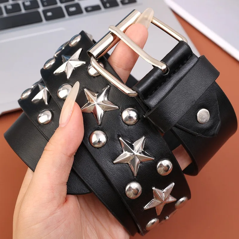 

Y2K Punk Five-pointed Stars Rivet Belt Black Adjustable Pu Leather Belt Metal Buckle Rivet Gothic Jeans Skirts Women's Belts