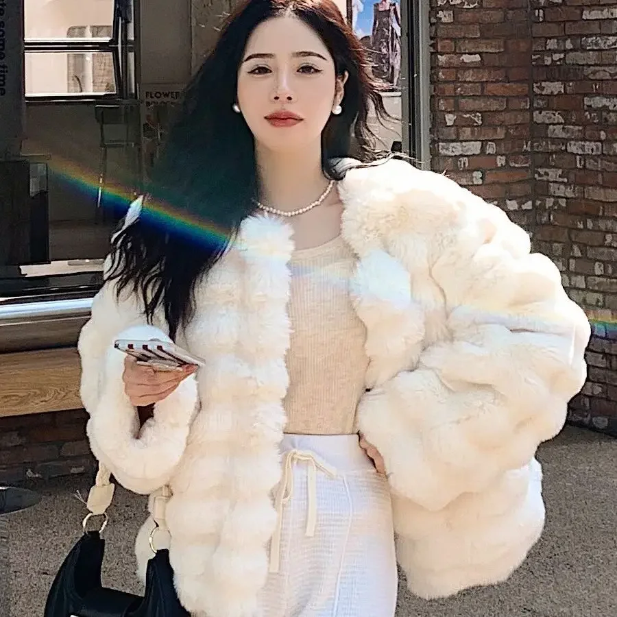 Winter Rabbit Fur Short Coat 2023 Lamb Women's Thick Warm Tops Fashion Slim Fur Vintage Women's Clothing Autumn/Winter Outerwear