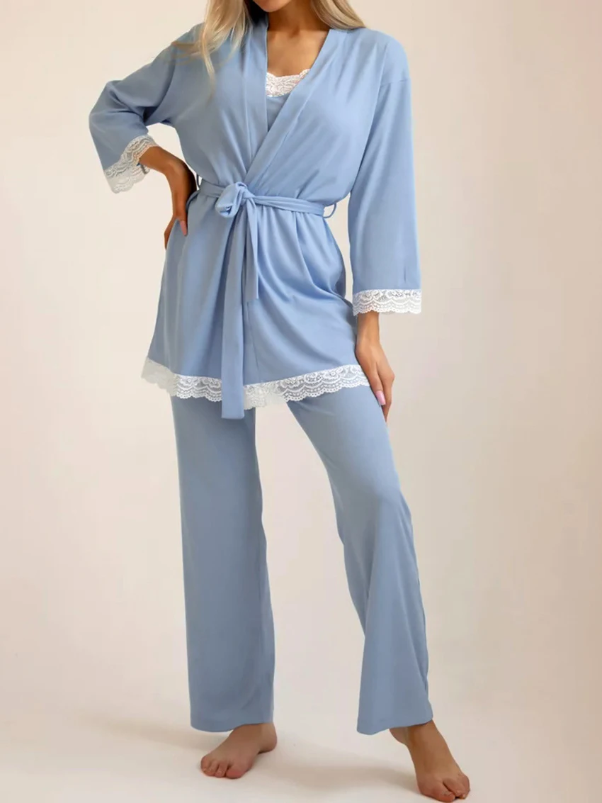Marthaqiqi Lace Long Sleeve Robe 3 Piece Suit Sexy V-Neck Lace Up Bathrobe Sexy Spaghetti Strap Pajamas Pants Women Nightie Set