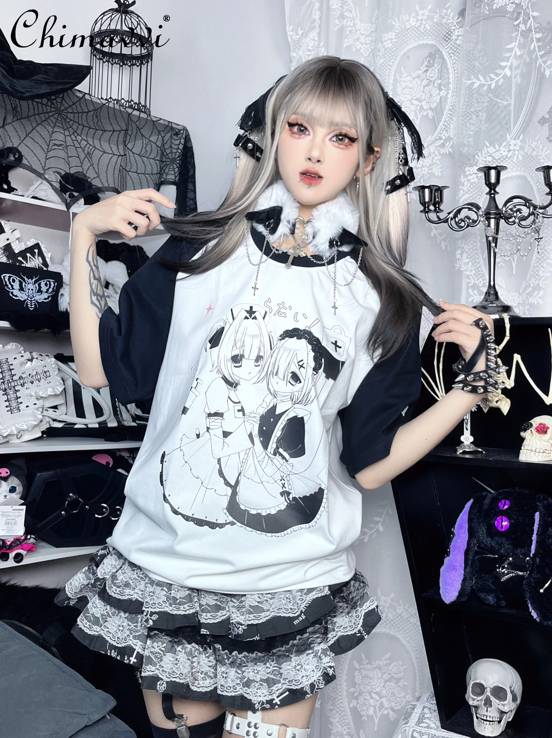

Fashion Black and White Raglan Short Sleeve Subculture Printed T-shirt Summer New Round Neck Cotton T-shirt Girly Style Y2k Top