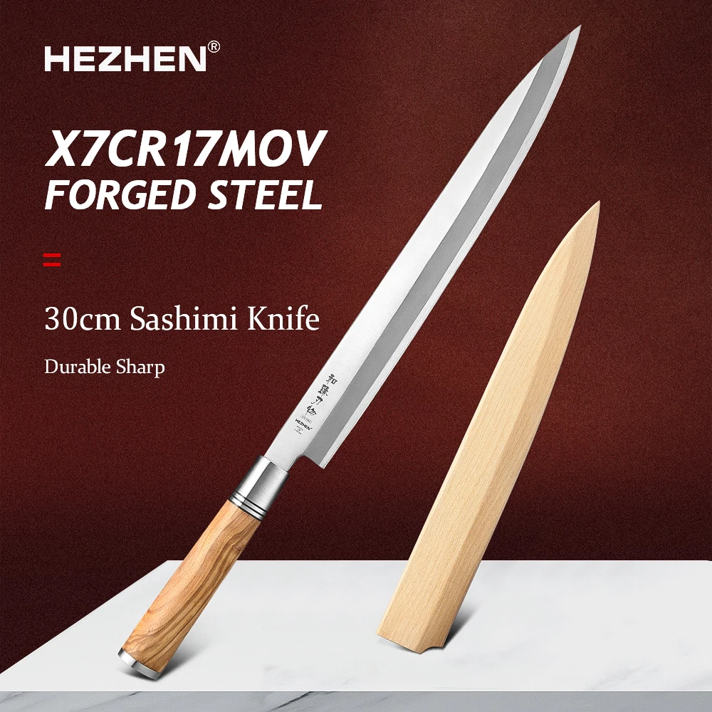 

HEZHEN Классическая серия X7Cr17MoV кованая сталь 300 мм нож сашими натуральный оливковый древесина нержавеющая сталь прокладка