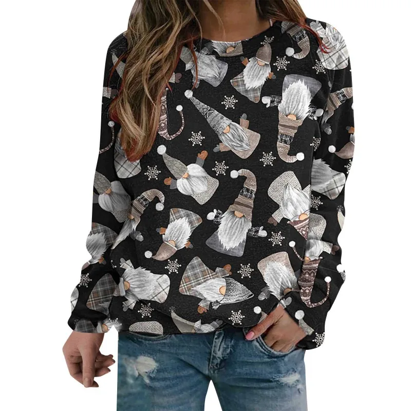 Autumn Winter Women's Pullover Round Neck Cartoon Printed Lantern Plaid Printing Long Sleeve T-shirt Hoodies Fashion Casual Tops