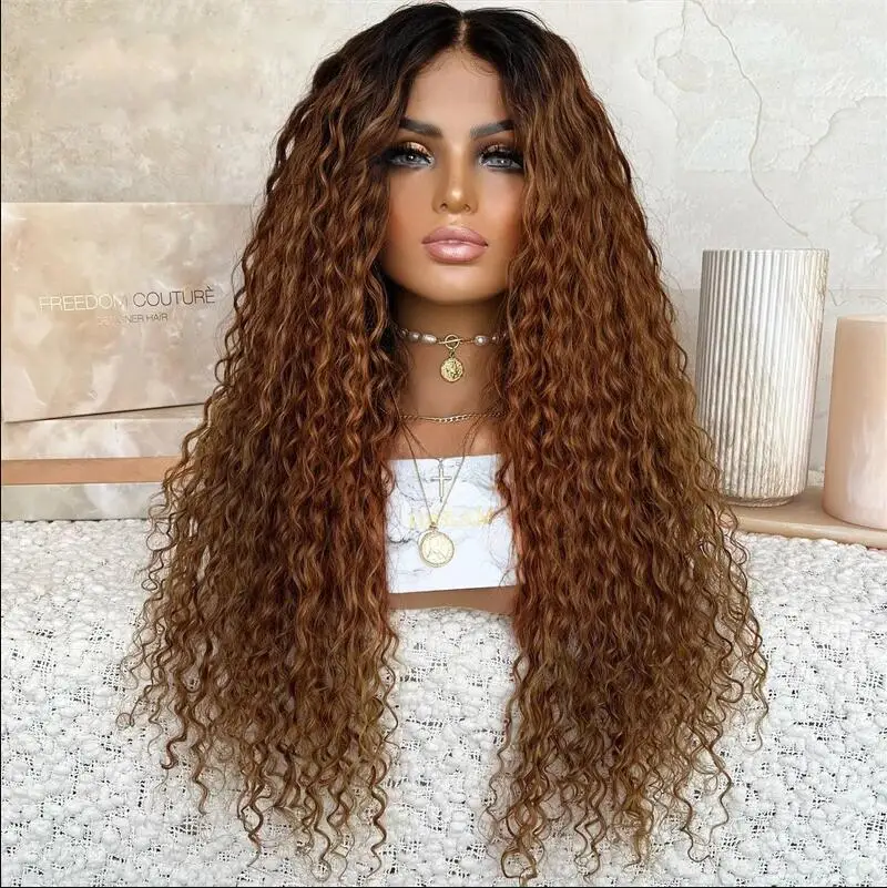 

Long Kinky Curly Natural PrePlucked 26" Ombre Brown 180 Density Lace Front Wig For Black Women With Baby Hair Lace Frontal Wigs