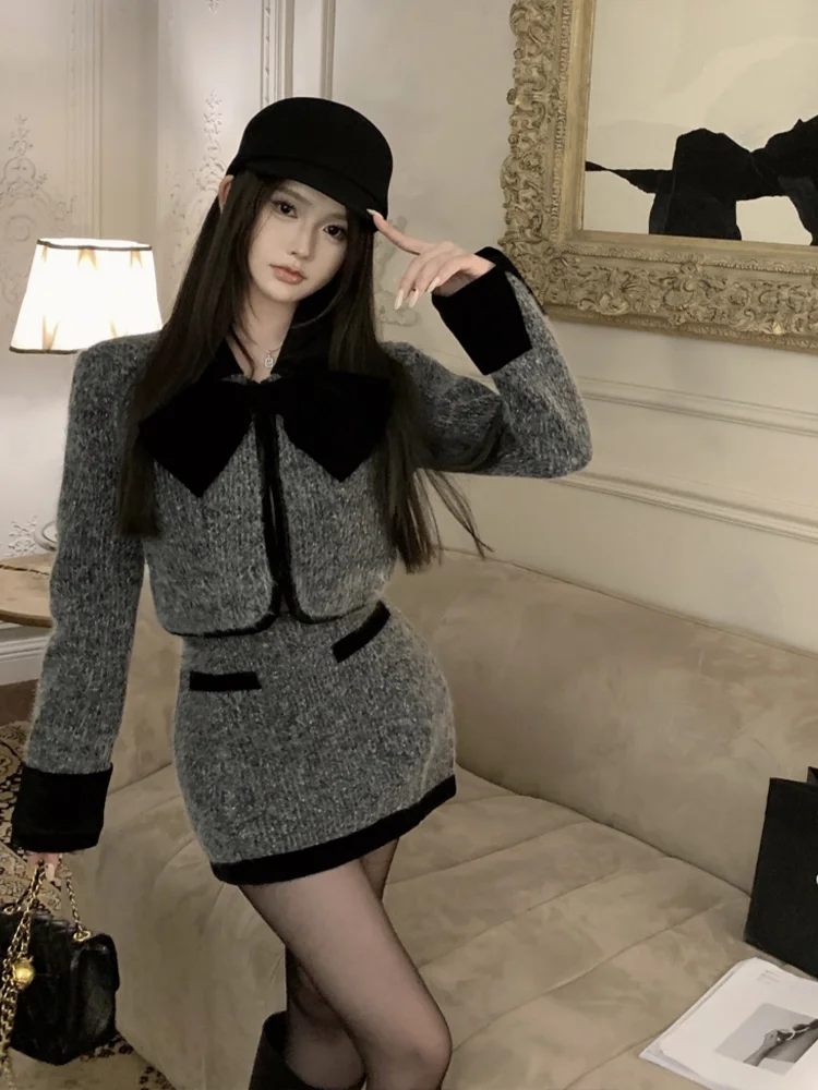 

UNXX 2023 Autumn Winter New Arrivals Women's Elegant and Stylish Bowknot Tweed Short Jacket and High-Waisted Skirt Set Hot Sale