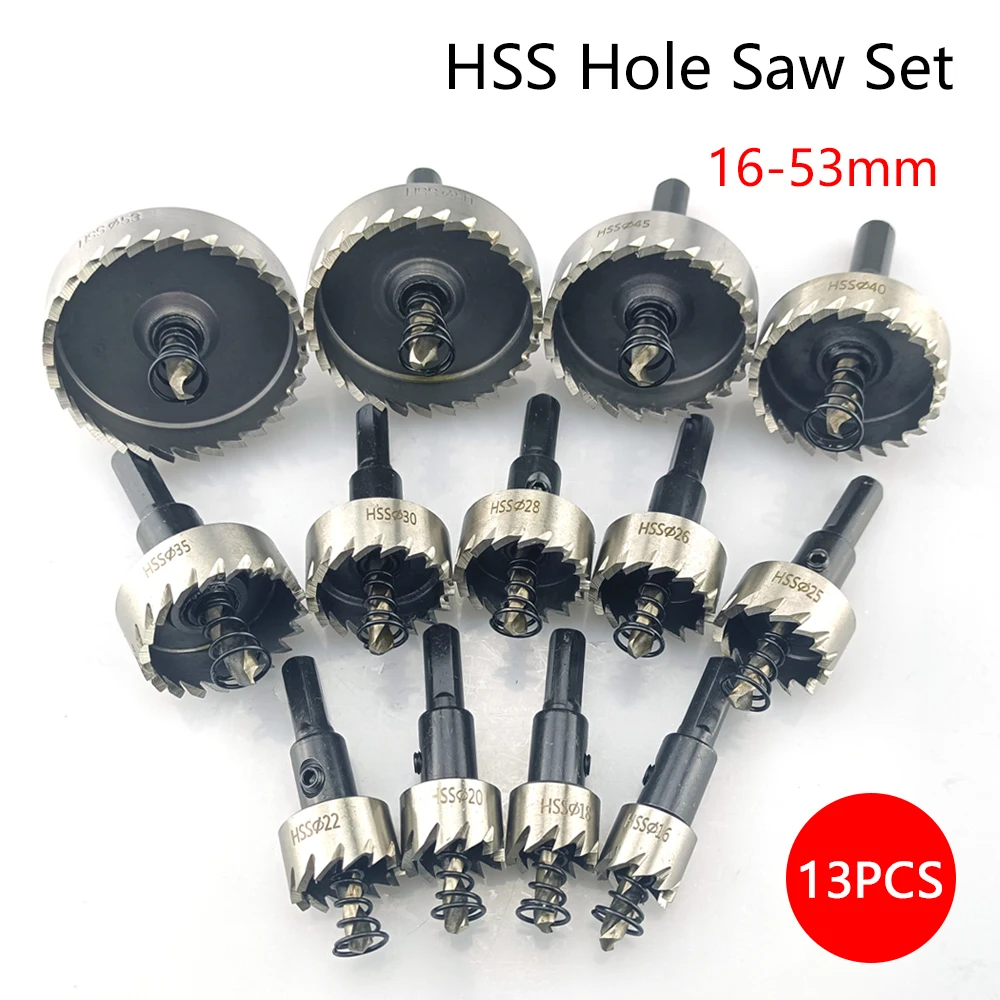 13 Pcs 16-53mm HSS Hole Saw Set High Speed Steel Drill Bit Drilling Crown for Metal Alloy Stainless Steel Wood Cutting Tool