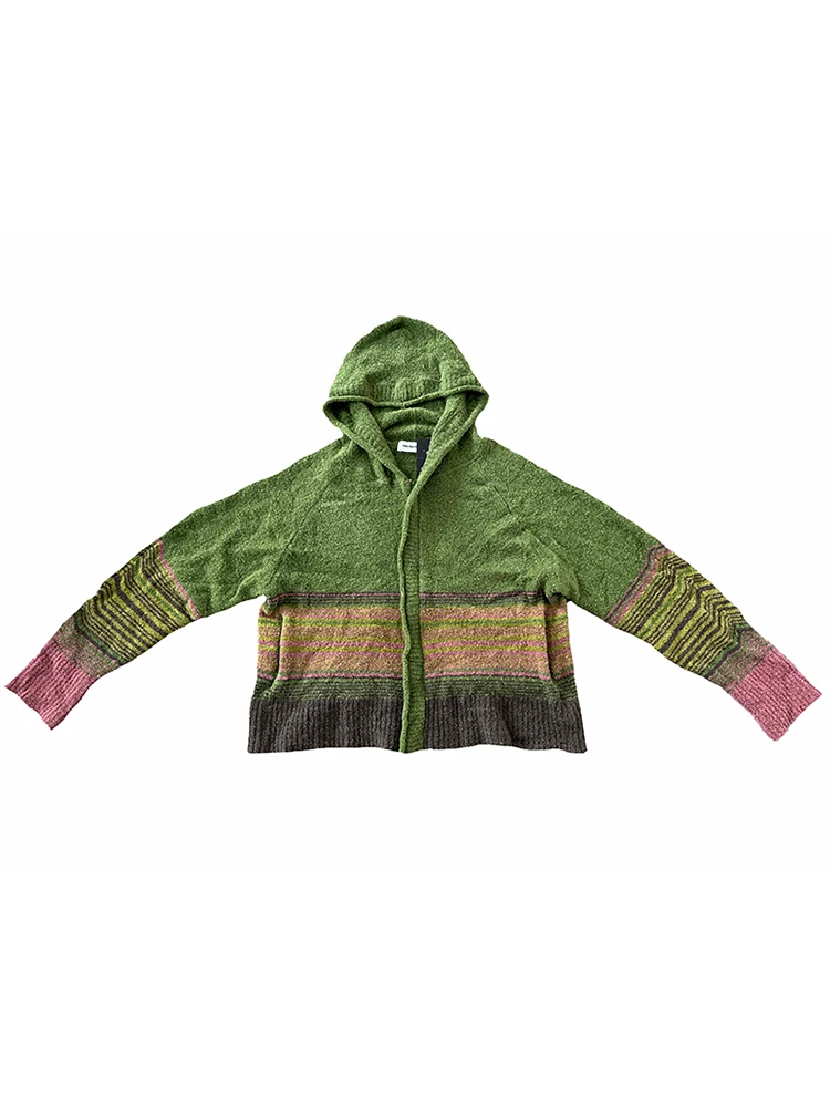 KikoKostadinov KEOY Zipper ort Knitted Wool Sweater Hooded Cardigan ex Spring Autumn Faion Stripe Pattern Youthful