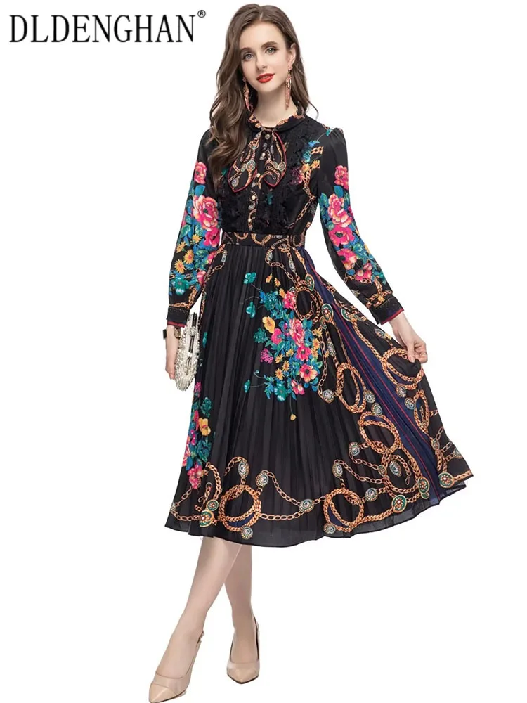 

DLDENGHAN Spring Summer Dress Women Bow Collar Long Sleeve Ruffles Flowers Print Single Breasted Black Vintage Pleated Dresses