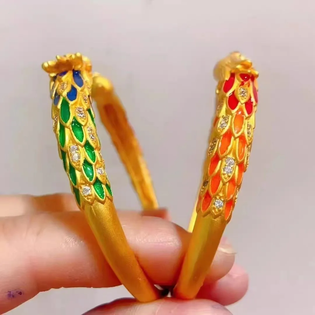 Vintage Palace Adjustable Bangles Ladies Enamel Dragon Phoenix Auspicious Cuff Bracelet Wedding Festival Party Jewelry