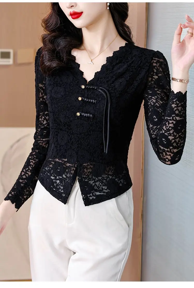 Neue Chinesische Stil Schnalle Chic Schlitz Spitze Hemd für Frauen 2025, Herbst Neue Temperament Hemd Modische Lange-ärmeln top – Detail 12
