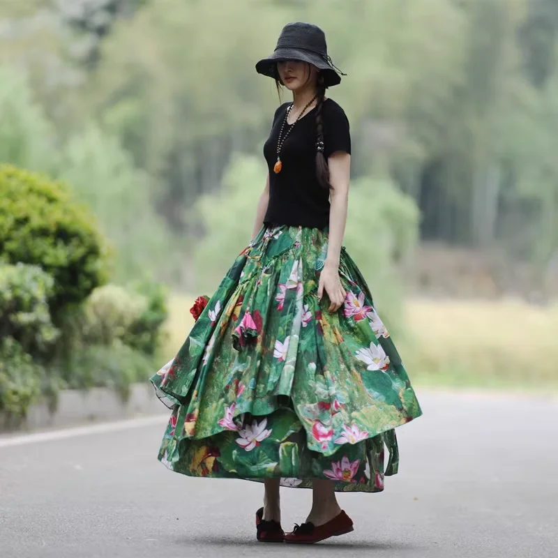 Free Shipping 2023 New Fashion Long Maxi A-line Elastic Waist Women Cotton And Linen Plus Size S-2XL Flower Print Skirts