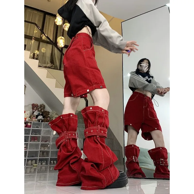 Deeptown Red Y2k Baggy Jeans Women Vintage Korean Fashion Detachable Denim Pants Kpop Oversized Trousers Streetwear Baddie Punk