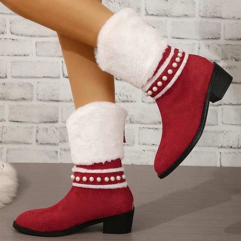 Women's Christmas Mid-calf Boots Fashion Pointed Low Heel Pearl Women's Boots Simple Comfortable Winter Shoes
