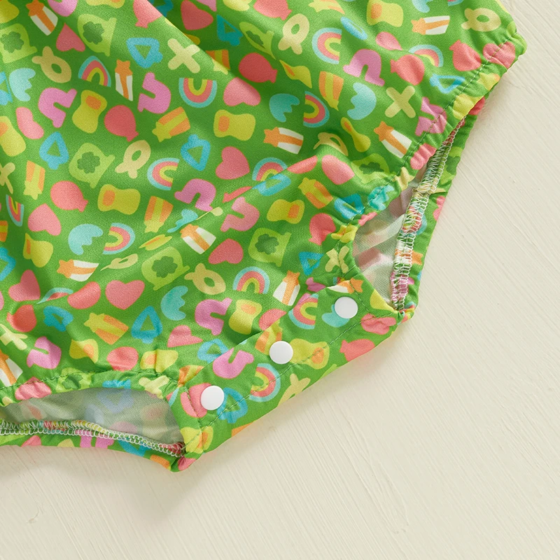Newborn Infant Baby Girl Bubble Romper Lucky Charm Ruffle Sleeveless Cartoon Smocked Jumpsuit My First St Patricks Day Outfit 6