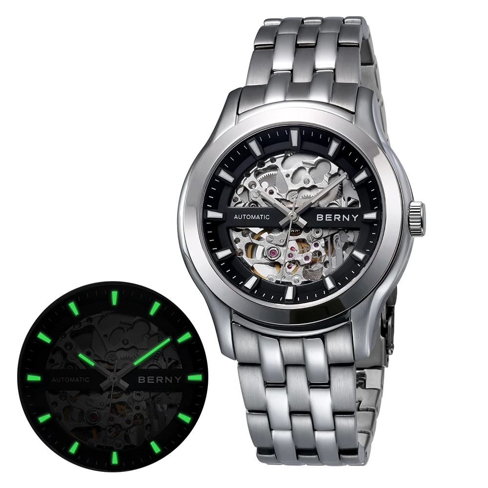 

BERNY Skeleton Men's Mechanical Watch Luxury Miyota 8N24 Sapphire Exhibition Automatic Self Winding Wristwatch Waterpoof 5ATM