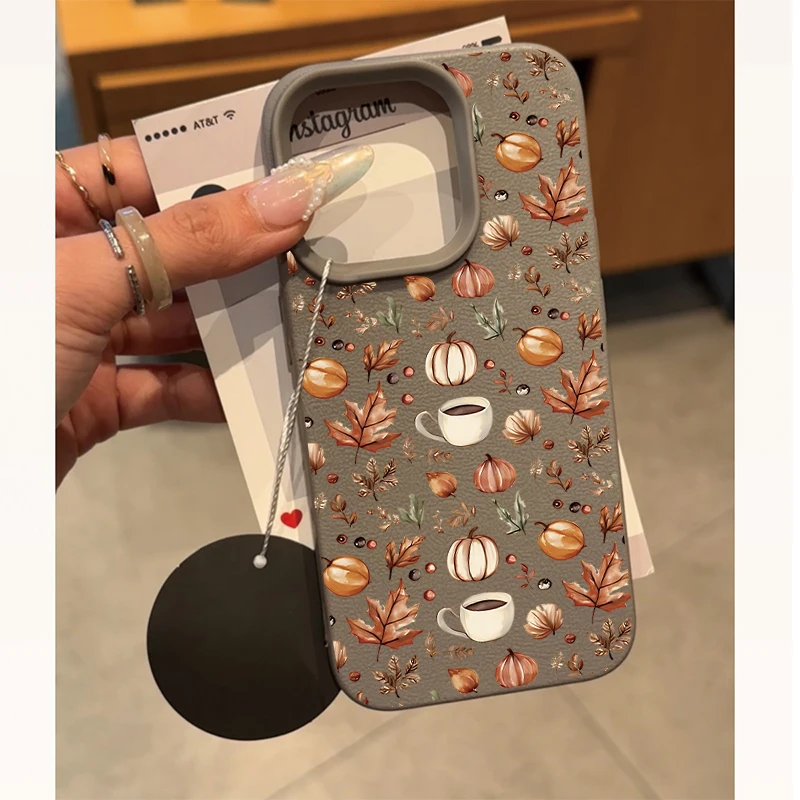 Autumn Leaf Pumpkin Coffer Leather Phone Case