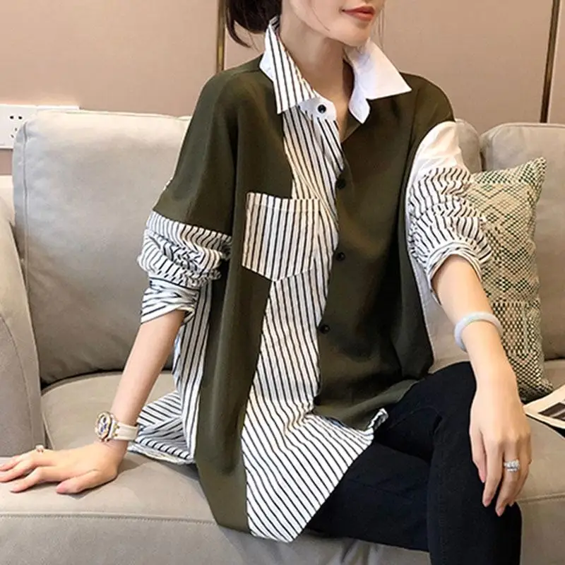 

DIMANAF Plus Size New Autumn Style Blouse Striped Casual Long Sleeve Women Loose Shirt Button Shirt Fashion Soft Shirt