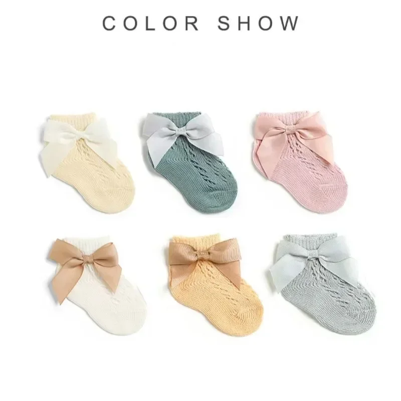 Neonate Estate Calze Scavate Neonato Coreano Kawaii Dolce Rosa Grande Fiocco Calze Calze Di Cotone A Rete Traspirante Per I Bambini