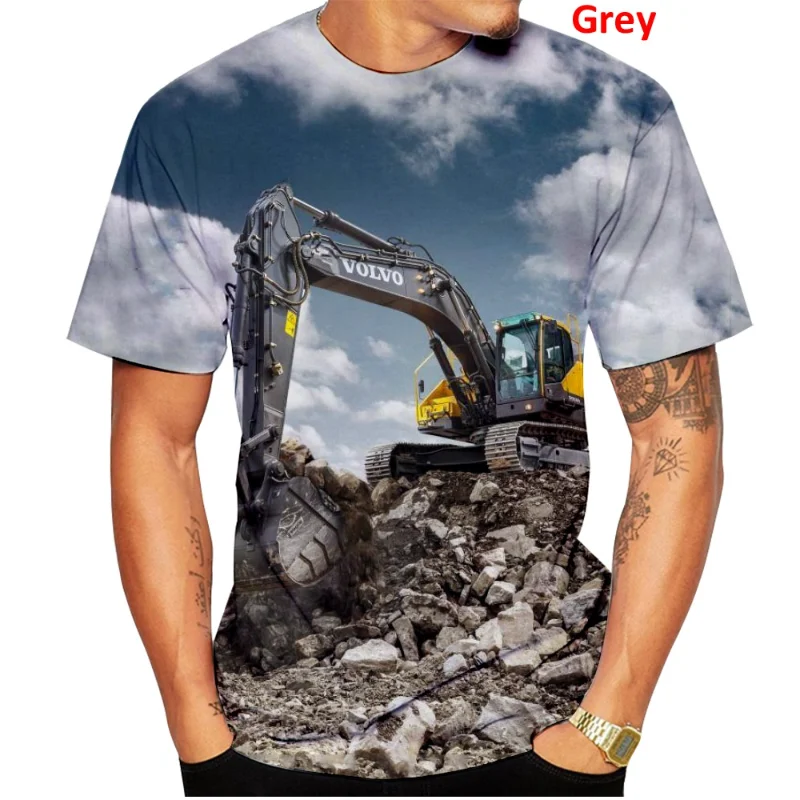 

New Summer T-shirt Caterpillar Excavator Pattern Funny 3D Printed Men's T-shirt Oversized Casual Crew Neck Short Sleeve Clothing