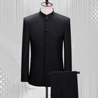 Stand Collar  2 Pieces Men's Suits Slim Fit Single Breasted  Covered Button Groomsmen Wedding Suits  Customized(Blazer+Pants) 1