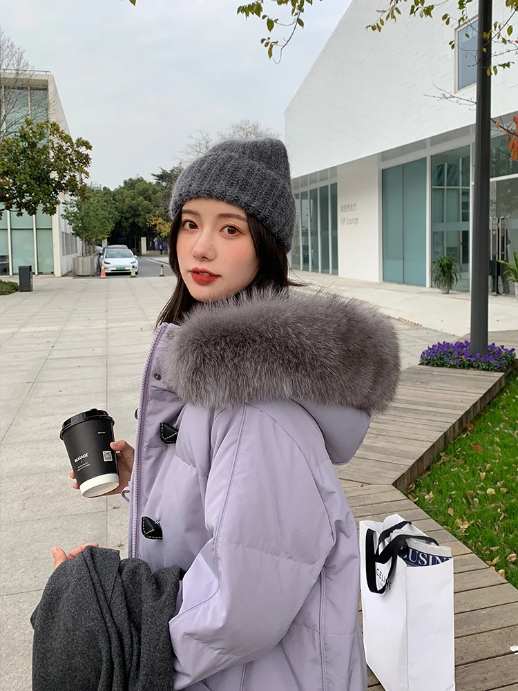 Mid-Length White Duck down Winter Thermal Slim Fit Milk Tea below the Knees Waist Trimming Coat down Jacket for Women