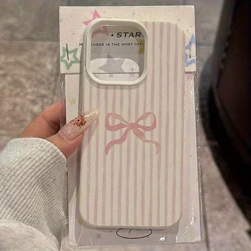 Elegant Striped Pink Bow Pattern Shockproof Soft Phone Case