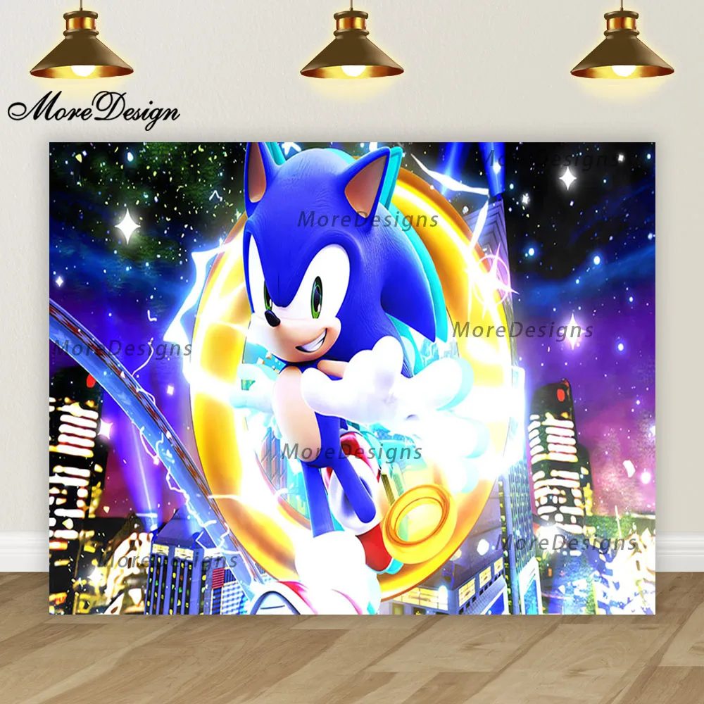 thumbnail image 1 of Banner de cumpleaños de Sonic, fondo fotográfico para niños, decoración para la primera fiesta de niños, fondo de tela de poliéster y vinilo con dibujos animados, 1 of 5