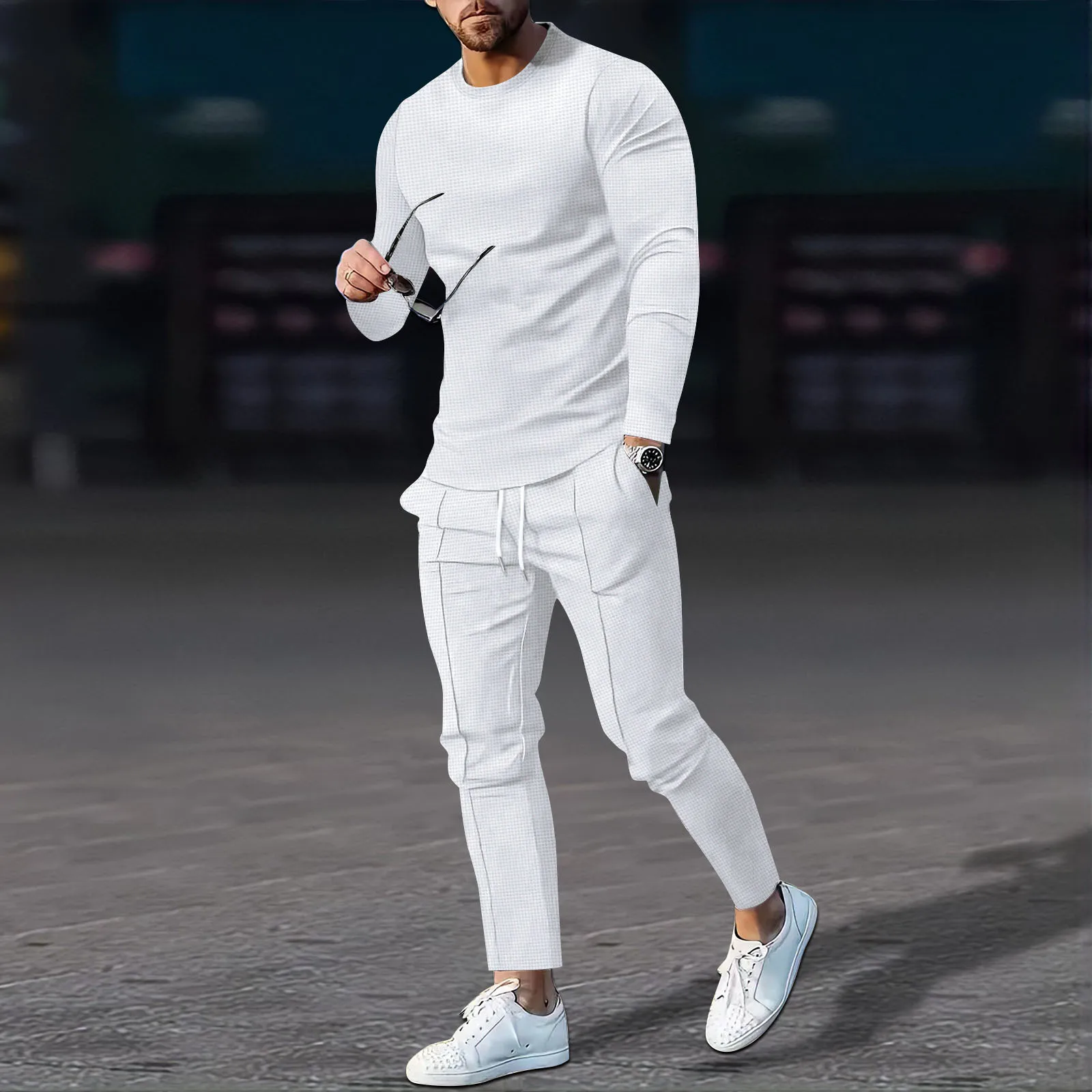 

Men's 2 Piece Set Waffle Long Sleeve Sweatsuits Sets Athletic Jogging Suits Spring Autumn Casual Sports Suit Fashion Tracksuit