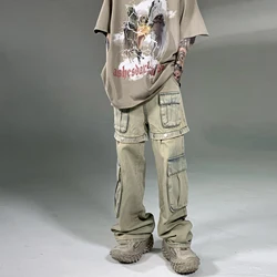 American Retro Buttons Detachable Design Wide Cargo Jeans Mens Women's Straight Leg Pants Hip Hop Washed Jeans Overall 2023