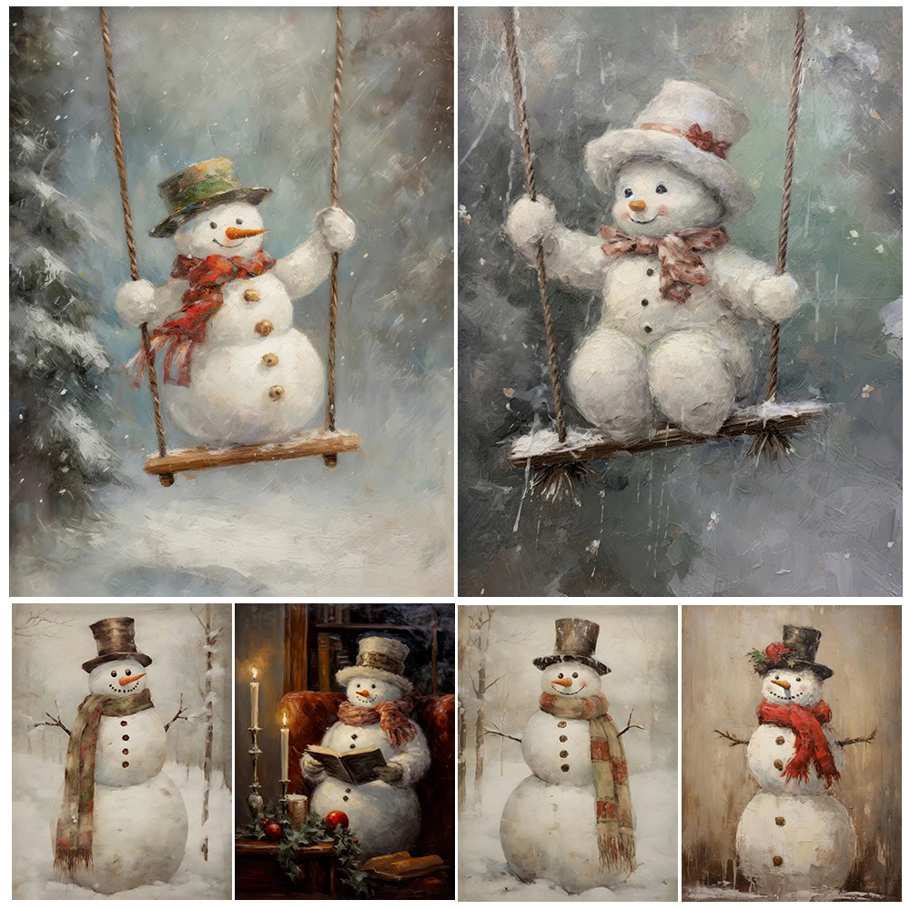 

Snowman Reading Book & Swinging Snowman Wall Art Canvas Painting Christmas Snowman Nursery Decor Art Poster And Print Home Decor