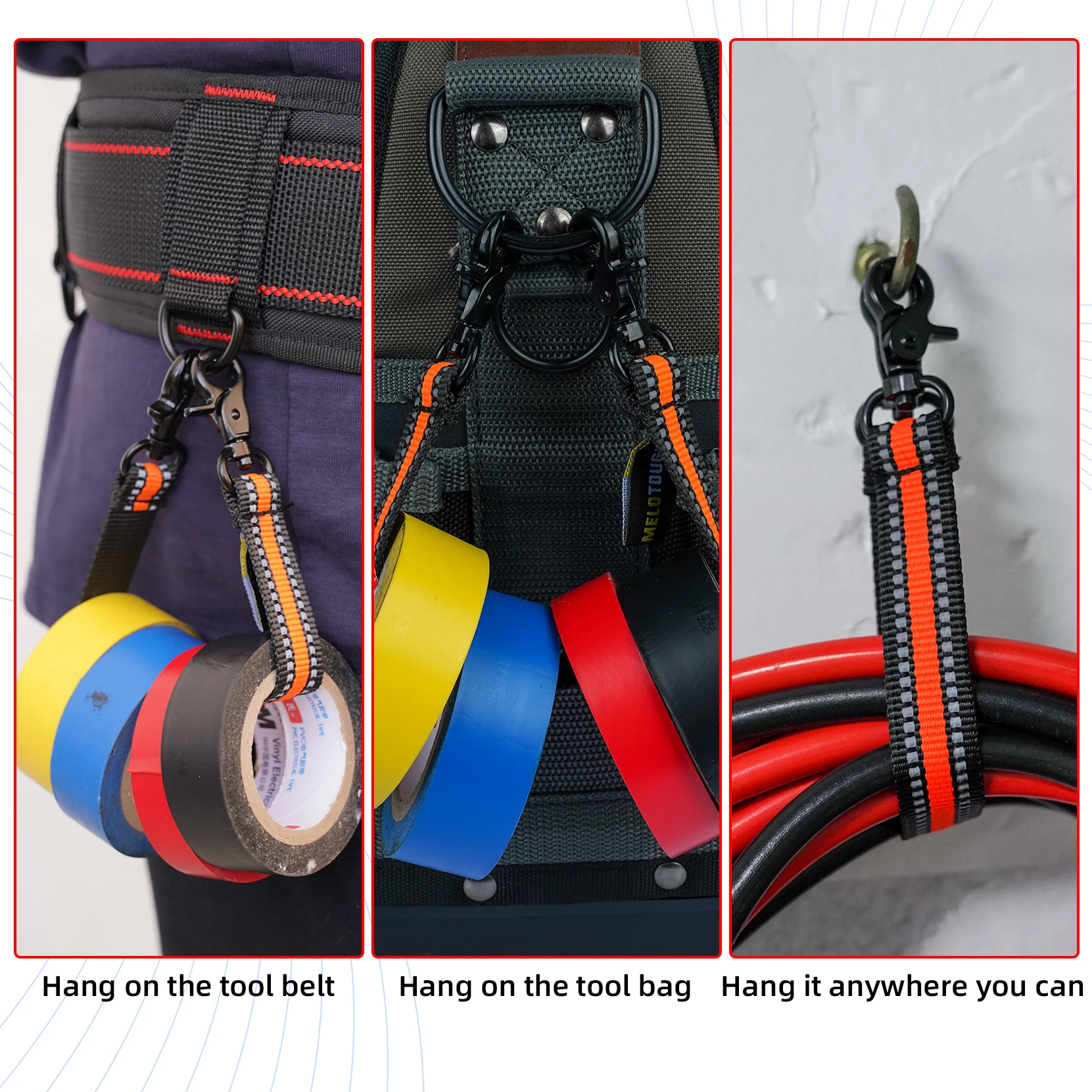 MELOTOUGH Klebebandhalter mit Karabinerhaken für Werkzeuggürtel, Tasche, Rucksack – Detail 21